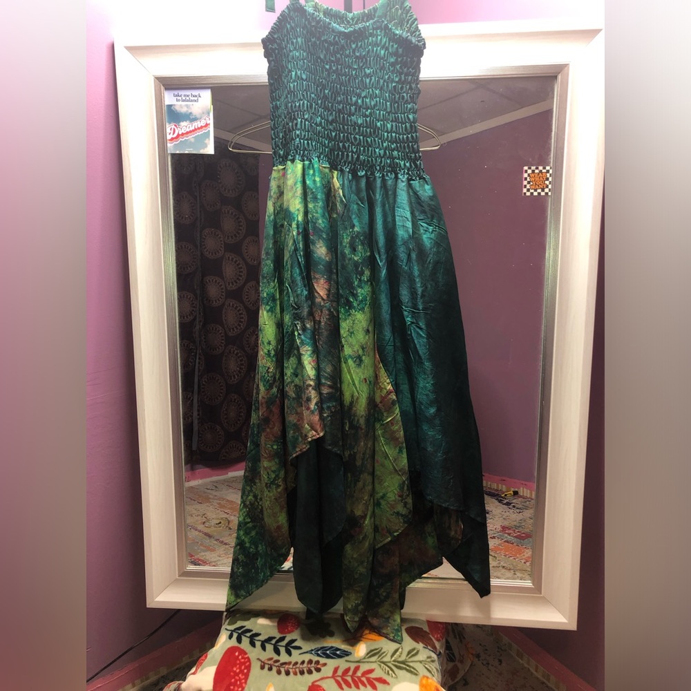 Green Smocked Bodice Handkerchief Hem Dress